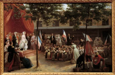 Helene-Louise von Mecklenburg-Schwerin, Herzogin von Orleans und ihr Sohn, der Graf von Paris, besuchen ein Pariser Asylzimmer