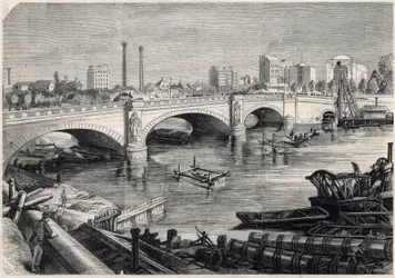 Transformationen von Paris unter dem Zweiten Kaiserreich, Haussmann-Paris: Arbeiten vor der Alma-Brücke in Paris für den Durchgang des Sammlers am Boden der Seine. Zeichnung von Jules Pelcoq. Gravur in „The Illustrious Universe“.