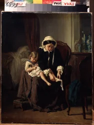 Die Morgentoilette. Eine Mutter (oder Dienerin?) hilft einem Kind beim Anziehen. Gemälde von Jules Treyer (1824-1908)