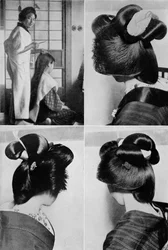 Es dauert zwei Stunden, um die Frisur einer Geisha zu machen, die Frisur hält mehrere Tage, ca. 1900, 1921