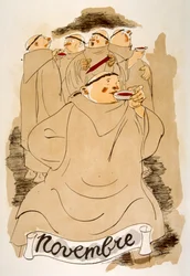 Humorvolle Weinillustration 1946. Illustration von Julien Pavil