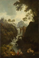 Ein Wasserfall mit Badenden