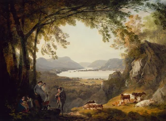 Landvolk ruht mit Vieh in einer bewaldeten Landschaft