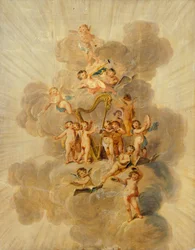 Geflügelte Cherubim mit Musikinstrumenten, Abschnitt der Musikzimmer-Dekorationsleiste, Kenwood House, London (Tapete)
