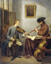 Ein Geiger und ein Flötist spielen zusammen Musik