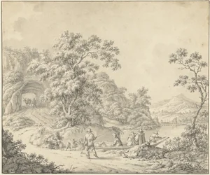 Landschaft mit einem Boot, in dem ein Schäfer mit seiner Herde sitzt