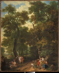 Arkadische Landschaft mit Hirten, die Musik machen und tanzen