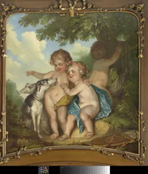 Drei Kinder mit zwei Hunden