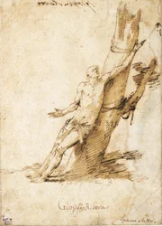 Heiliger Sebastian an einen Baum gebunden, nach rechts blickend