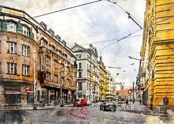 Aquarell Europäische Straßenbahnstraße