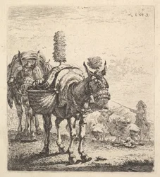 Zwei Maultiere mit Körben und ausgestattet mit Scheuklappen, Federn und Quasten, ein Maultier..., ca. 1641-78