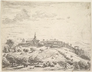 Umfriedetes Dorf auf einem Hügel, mit Kirche links und Gebäuden am Abhang gebaut, 1658