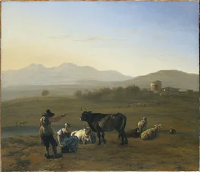 Eine weite Landschaft in der römischen Campagna, mit Vieh und Hirten, 1975