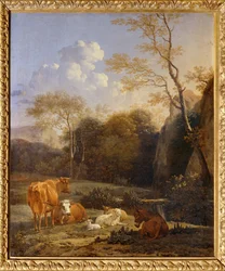 Der Hain, Kühe, Esel und Schafe in der Nähe eines Baches