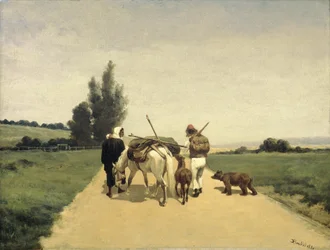 Wandernde Familie auf einem Landweg
