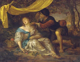 Ein Hirte kniet über einer Dame, die unter einem Baldachin in einer bewaldeten Landschaft schläft