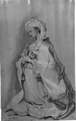 Kniende Figur auf einem Kissen mit Turban. Nach links gewandt. Hände über der Brust gefaltet.