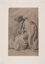 Nachdenklich sitzender junger Mann mit der Hand unter der Wange. Umhang und Pelzmütze