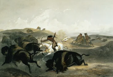 Indianer auf der Bisonjagd, Tafel 31 aus Band 2 von „Reisen in das Innere Nord-America“, gestochen von Carl Vogel (1816-51), 1844