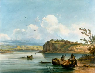 Mandan-Indianerinnen überqueren den Missouri River auf Booten aus Büffelhaut, Indianische Zivilisation, Vereinigte Staaten
