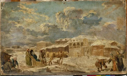 Stadtplatz im Winter (Sankt Petersburg). Stadtlandschaft mit Gebäuden und Holzhäusern - Gemälde von Karl Friedrich Knappe (1745-1808)