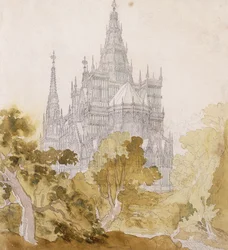 Eine gotische Kathedrale hinter Bäumen, 1814-15
