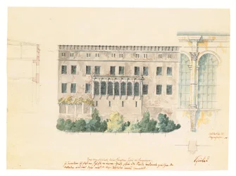 Ein Entwurf für ein neues Treppenhaus an der Nordfassade des Schlosses in Stettin, mit einer Nebenskizze der Loggia, einem Querschnitt der Fassade und einem Pilaster, ca. 1840