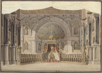 Agnes von Hohenstaufen. Oper von Gaspare Spontini. Entwurf zur 1. Dekoration. Kaisersaal