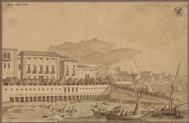 „Ansicht vom Altan meiner Wohnung in Palermo, der kleine Stadthafen, in der Ferne der Monte Pellegrino“