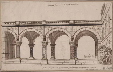 Ariodant. Oper von Etienne Nicolas Méhul. Entwurf zur 1. Dekoration. Arkadengang / Eine Galerie