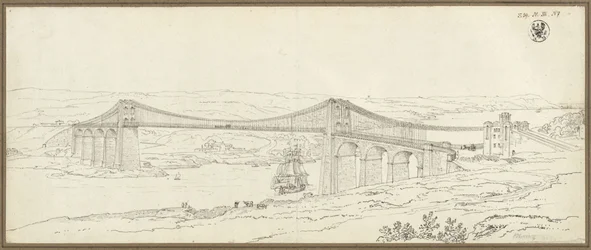 Blick auf die Hängebrücke über die Menai Strait bei Bangor in Wales