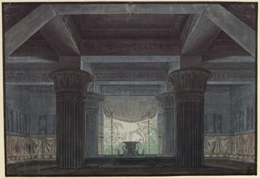 Die Zauberflöte. Oper von Wolfgang Amadeus Mozart. Entwurf zur 3. Dekoration. Halle in Sarastros Burg