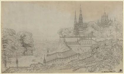 „Entwurf einer Theaterdekoration, eine Kathedralkirche auf der Höhe über einer großen am Meer gelegenen Stadt“ / Große Komposition wie der Mailänder Dom gestellt sein müsste
