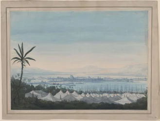 Fernand Cortez, oder: Die Eroberung Mexikos. Oper von Gaspare Spontini. Entwurf zur 2. Dekoration. Aussicht auf Mexiko-Stadt und das Feldlager der Spanier