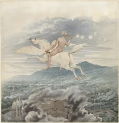 Weibliche Figur, die Seifenblasen bläst, als Allegorie auf Christian Peter Wilhelm Beuth, auf Pegasus über einer Industriestadt reitend - 1837