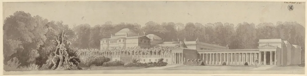 Potsdam-Sanssouci. Antikes Landhaus bei Schloss Charlottenhof. Perspektivische Ansicht von Nordosten
