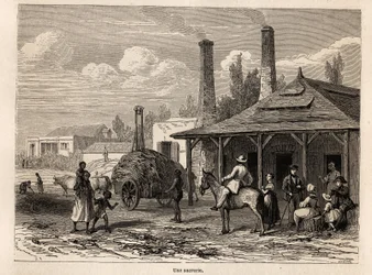 Eine Zuckerfabrik von der Riviere du Rempart auf Mauritius. Zeichnung von Karl Girardet zur Illustration von Alfred Verney