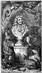 Allegorische Büste von Jean de La Fontaine, umgeben von Tieren; Frontispiz eines Buches der Fabeln von La Fontaine