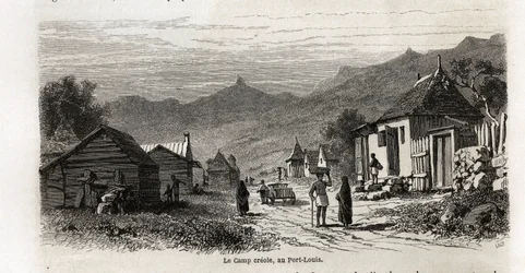 Das kreolische Lager in Port Louis, Zeichnung von Karl Girardet (1813-1871), zur Illustration des Aufenthalts von Alfred Verney auf Mauritius im Jahr 1861. Gravur in „Le tour du monde“, herausgegeben von Edouard Charton