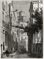 Der Palast von Bianca Cappello in Venedig. Zeichnung von Karl Girardet (1813-1871), zur Illustration von Adalbert de Beaumonts Reise nach Venedig um 1850. Gravur in „Le tour du monde“, herausgegeben von Edouard Charton