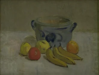 Stillleben mit grauem Krug, Äpfeln und Bananen