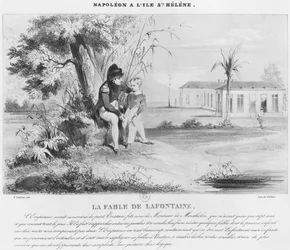 Napoleon I (1769-1821) auf der Insel St. Helena, erklärt die Fabeln von Jean de La Fontaine an Tristan de Montholon, graviert von Villain