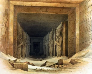 Riesige Kalkstein-Statuen von Ramses II (1304-1237 v. Chr.). Lithographie nach Karl Richard Lepsius (1810-1884) Preußischer Ägyptologe. Jede hält Krummstab und Geißel, Symbole der Königsherrschaft.