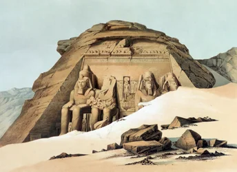 Felsentempel von Abu Simbel. Lithographie nach Karl Richard Lepsius (1810-1884) Preußischer Ägyptologe. Statuen von Ramses II (regierte um 1304-1273 v. Chr.) vor dem Haupttempel. Archäologie Religion Mythologie Altes Ägypten