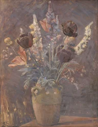 Tonvase mit Tulpen und anderen Blumen