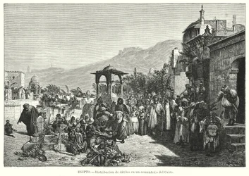 Verteilung von Datteln auf einem Friedhof, Kairo, Ägypten (Lithografie)