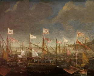 Mittelmeerlandschaft mit Galeeren