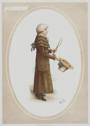 Junge im langen braunen Mantel, mit Perücke, Hut und Jagdpeitsche