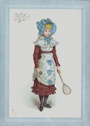 Mädchen im Kleid und mit Haube, hält Federball und Schläger