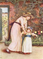 Zwei Mädchen im Garten (Farblithografie)